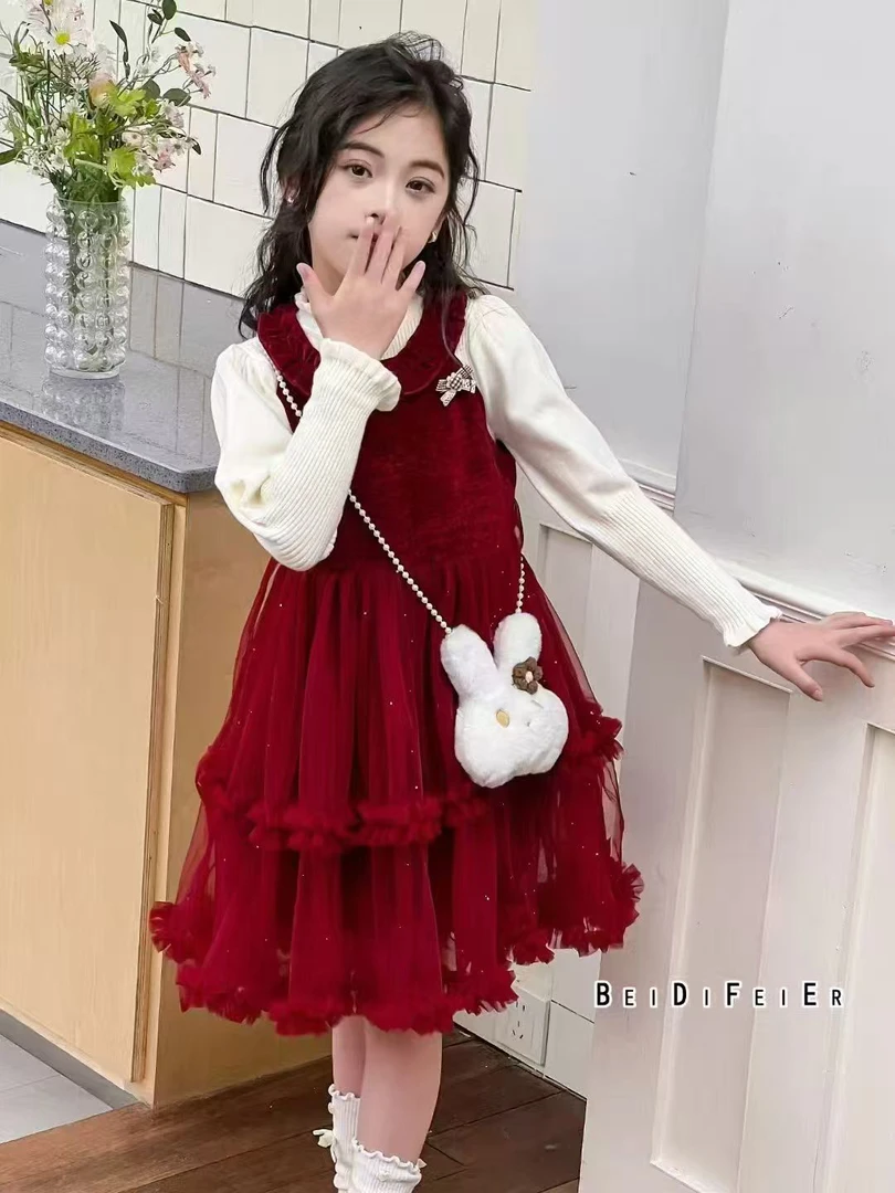 5号加绒儿童背心打底两件套裙子新年红色纱裙（无包）
