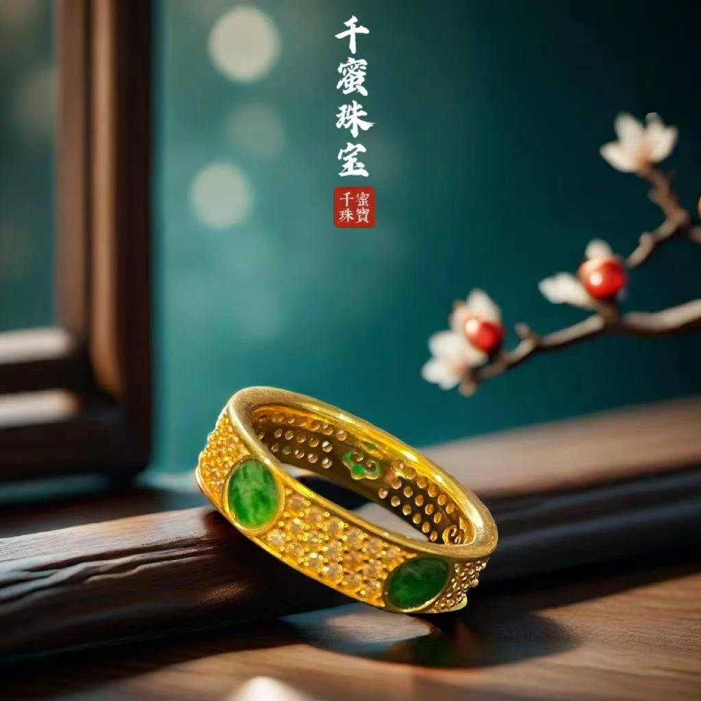 天然缅甸A货翡翠五福满钻戒指