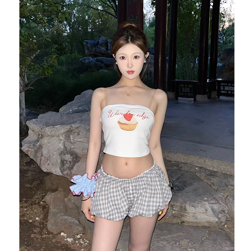 美式辣妹风草莓蛋糕印花无袖抹胸女夏季设计款休闲格纹短裤两件套