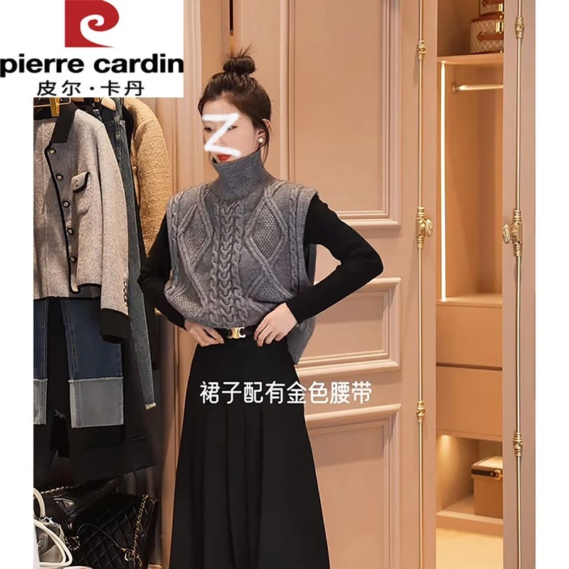 皮尔卡丹羊毛双面马甲背心毛衣女秋季高领麻花针织开衫欧货洋气上