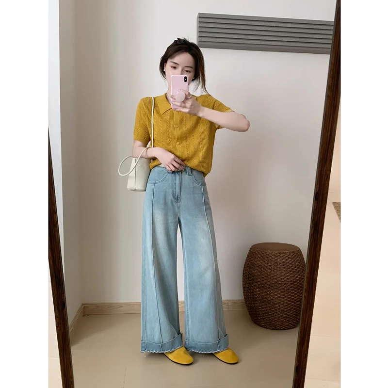 五一出游穿搭女装千金清冷感贵系洋气衣服女黄色针织开衫牛仔裤
