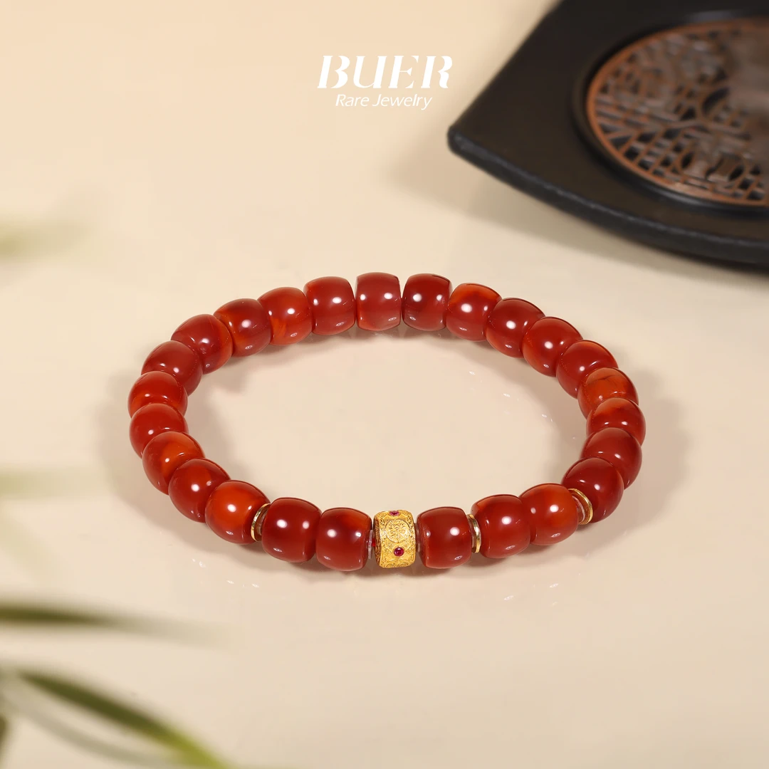 【不二】牛血红南红18K金DIY单圈手串南红手串8mm+