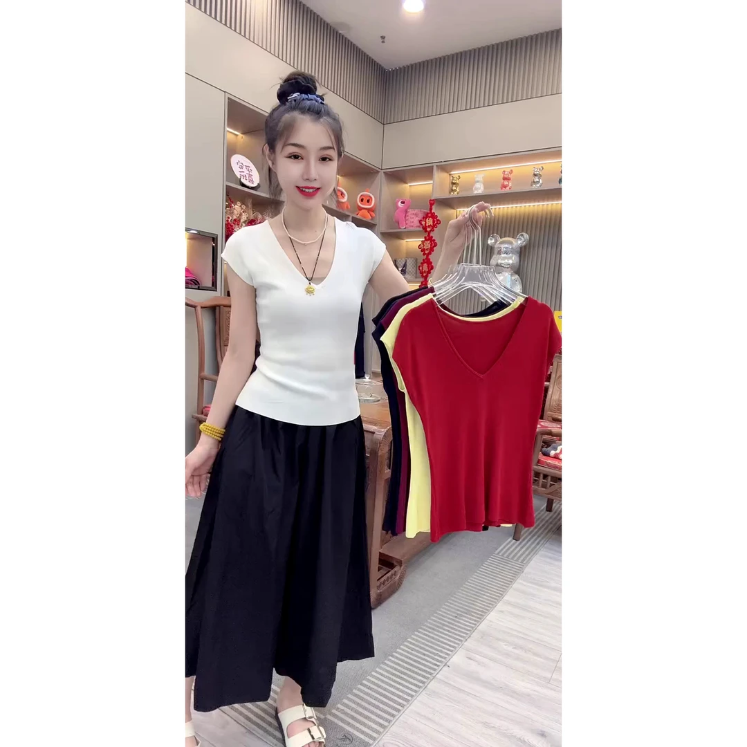 韩系修身显瘦V领正肩纯色短袖针织衫夏季薄款简约百搭上衣