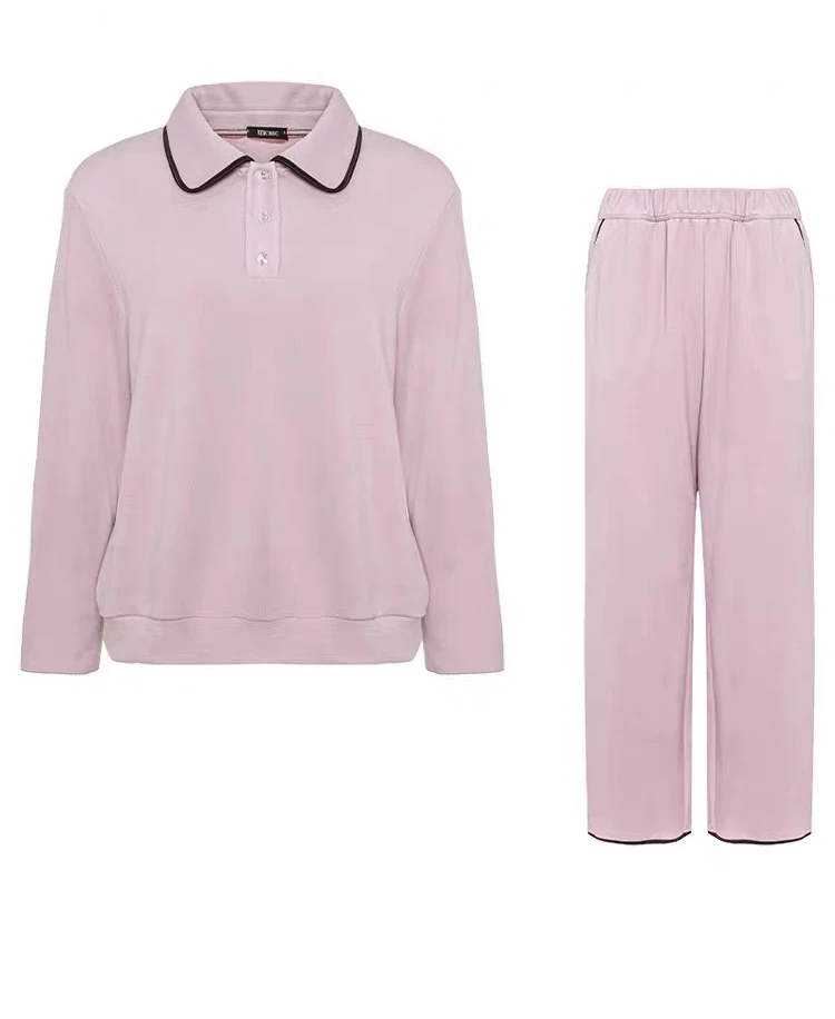 妙启时尚 新款女款两色小翻领时尚家居服套装休闲长袖气质简约