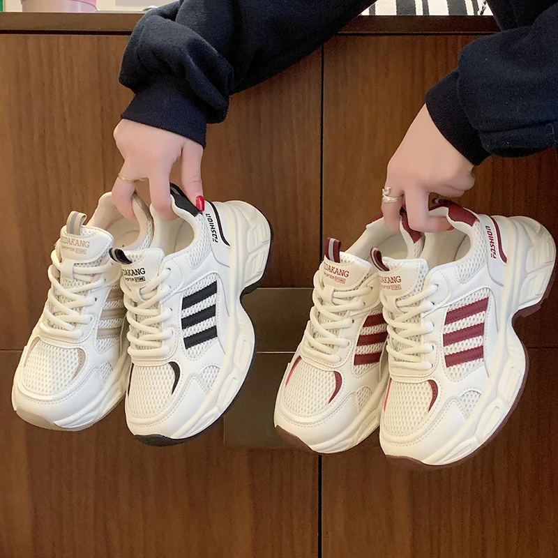 2025早春新款老爹鞋港风复古厚底百搭拼色网面透气韩版运动潮鞋