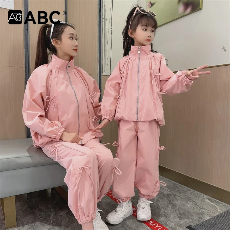 ABC小众设计感立领蝴蝶结冲锋衣套装女童韩版2025春季新款外套两