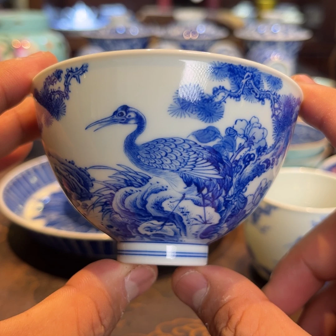 青花仙鹤鸡心杯一只