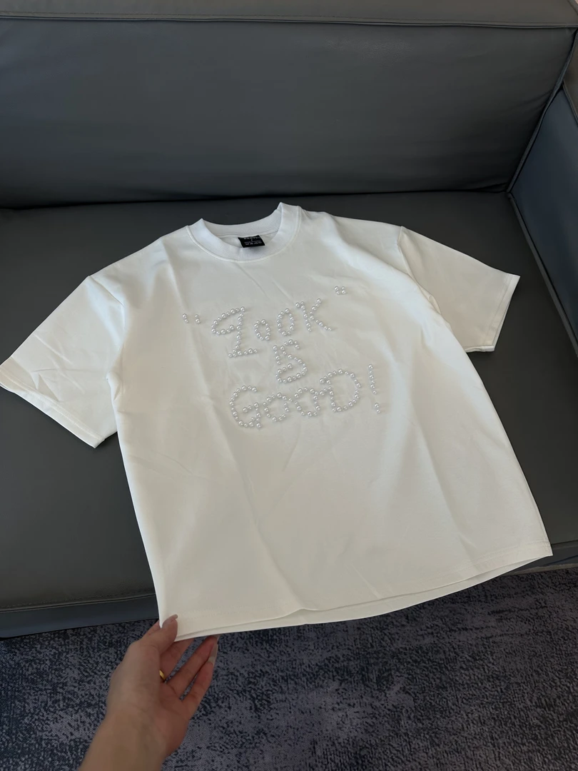 Z153 夏季新款潮流纯色高级感珍珠字母宽松百搭圆领短袖T恤