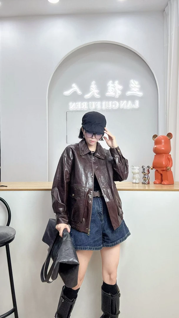 头层绵羊皮法式油蜡宽松型秋季13801皮衣外套女款爆款2025新款