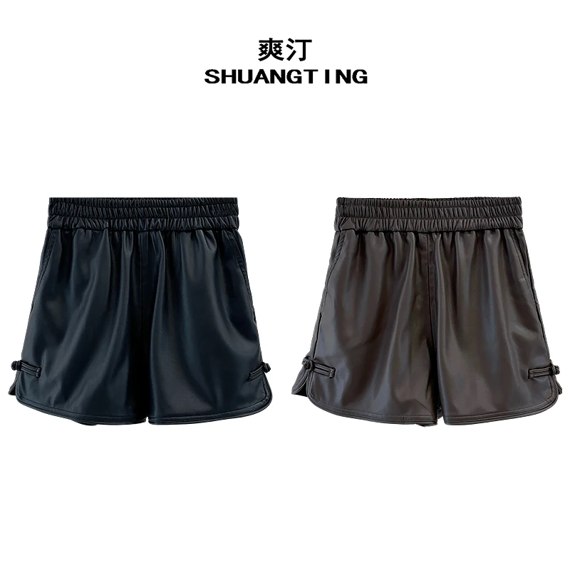 Jokara/丘可儿【逐风客】百搭高腰阔腿显瘦PU皮新中式短裤女宽松