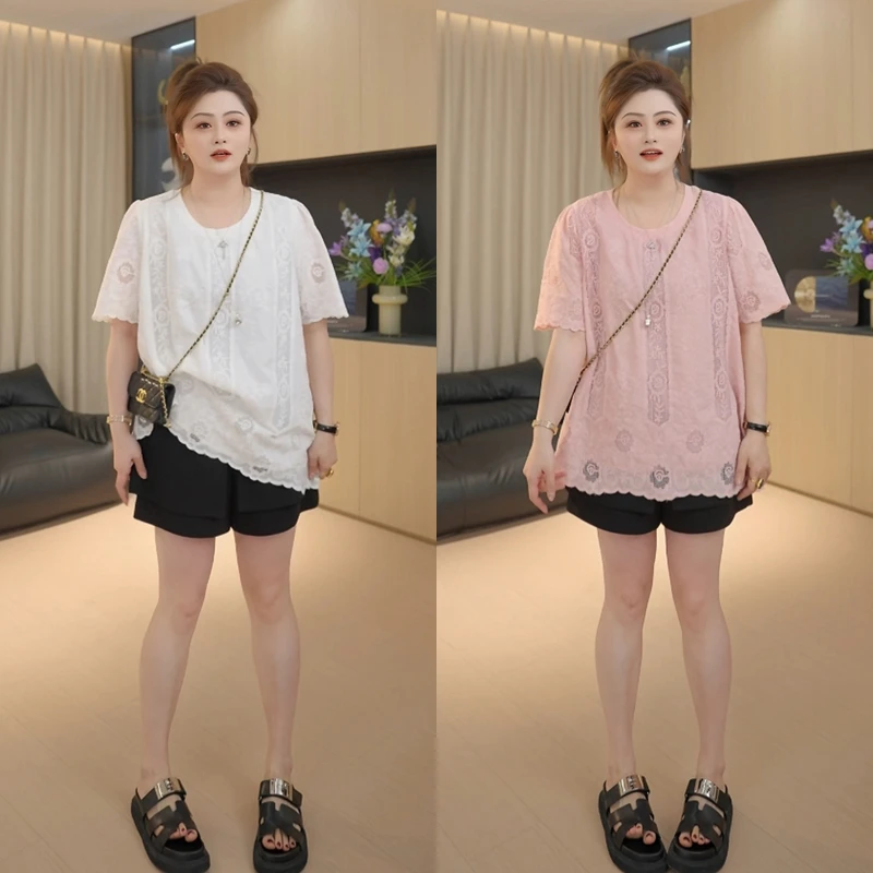 【胖佳佳】玫瑰日记 短袖蕾丝衫夏季气质镂空小衫H625E04228
