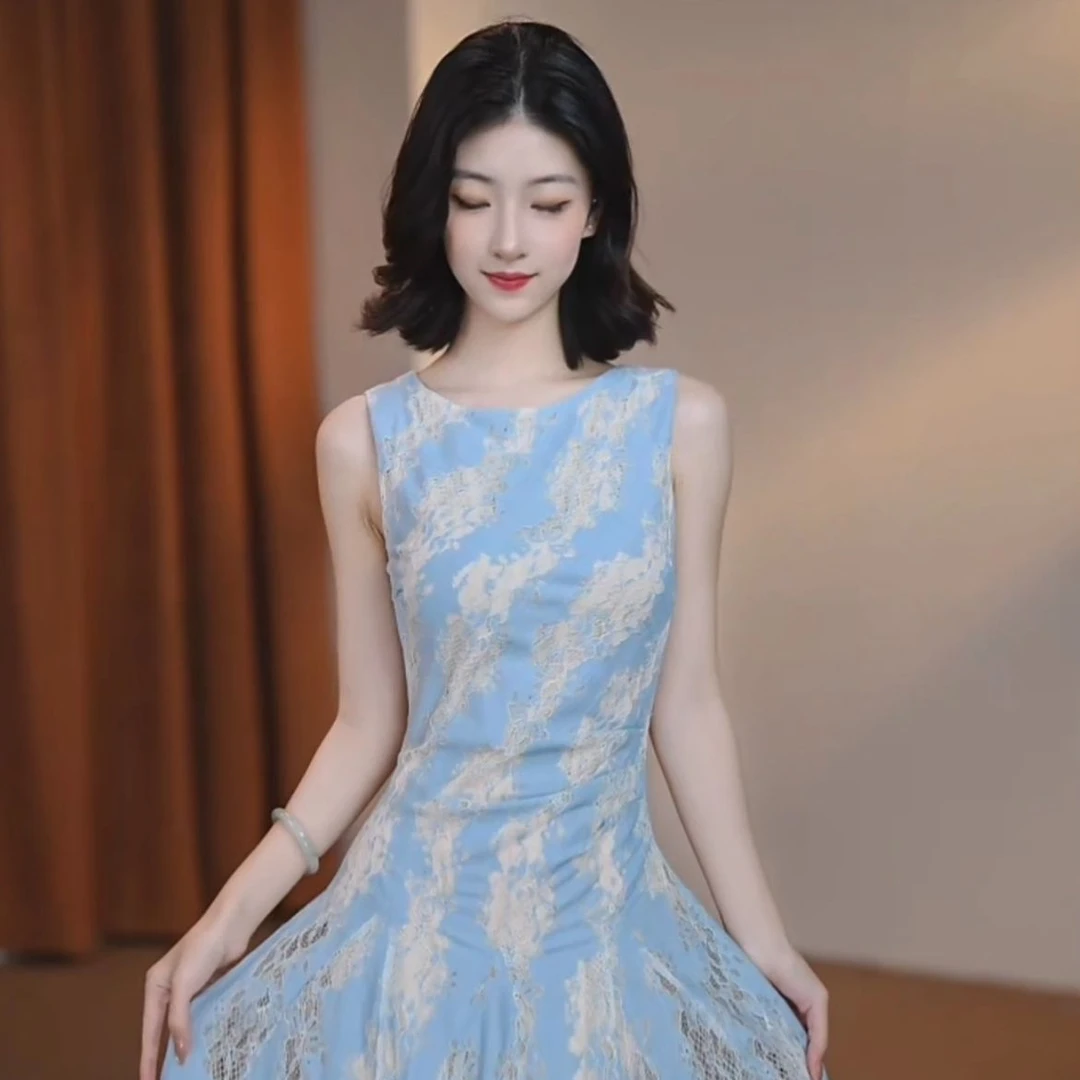 【茉雨】维纳斯海雾蓝 法式蕾丝小众气质大裙摆连衣裙-HZ658