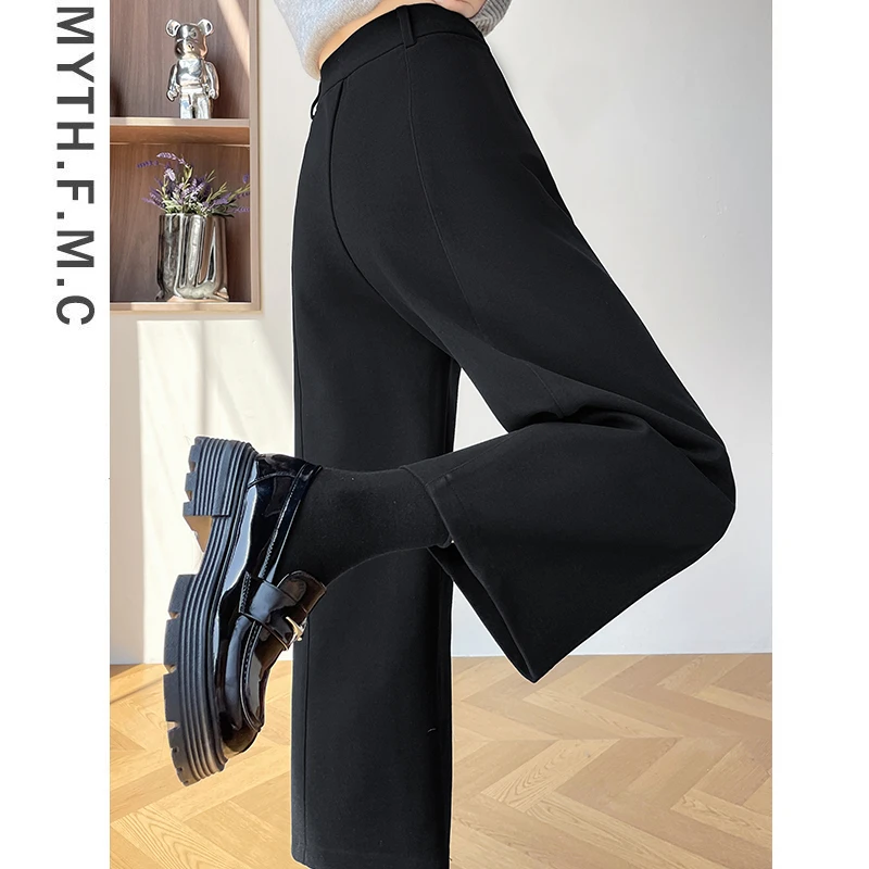 黑色小个子巨好看的毛呢裤子女秋冬季2025宽松九分窄版直筒阔腿裤