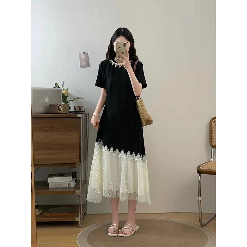 大码不规则休闲连衣裙女夏季假两件法式裙子胖mm显瘦黑色长裙1819