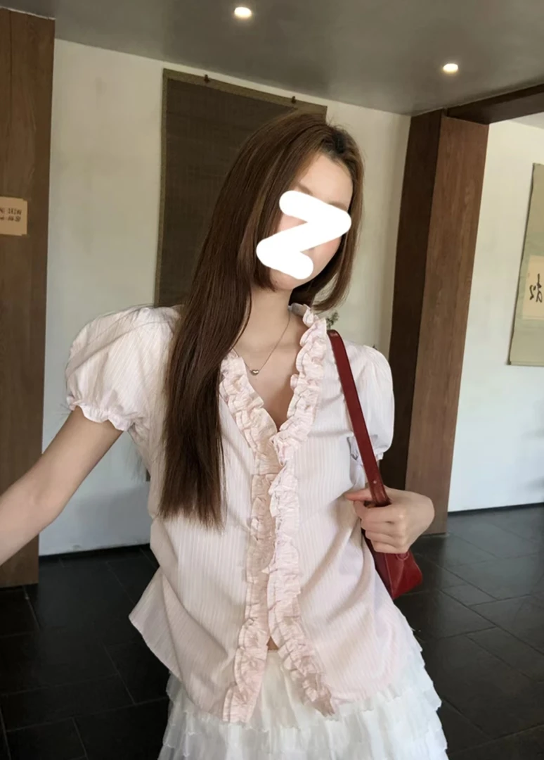 短袖衬衫夏季新款女装独特超好看单穿小衫法式粉色条纹上衣潮衬衣