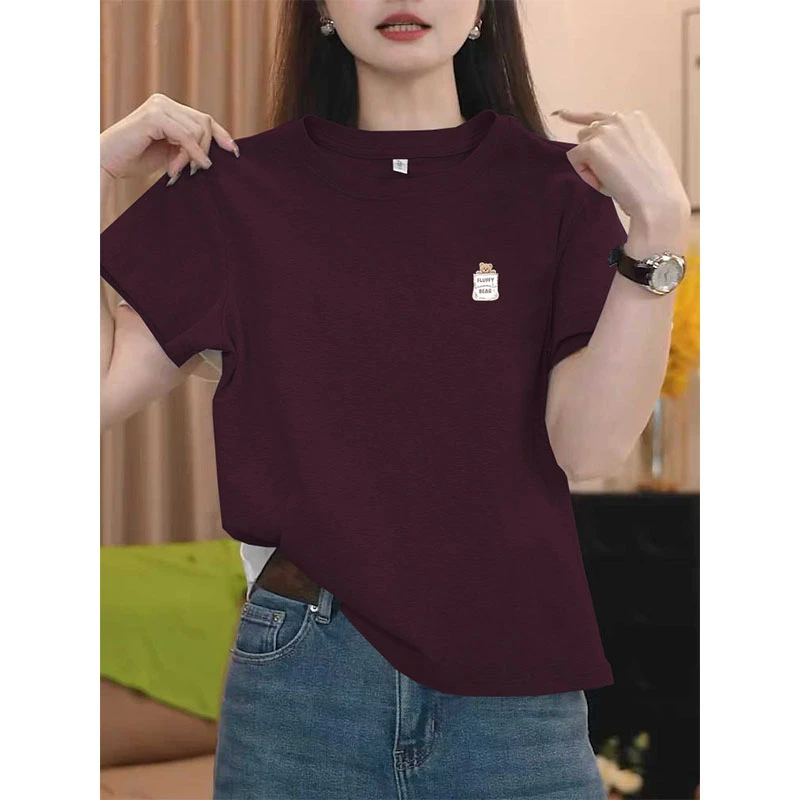 正肩乌梅紫色短袖t恤女时尚百搭设计感小众薄款上衣打底衫夏季潮