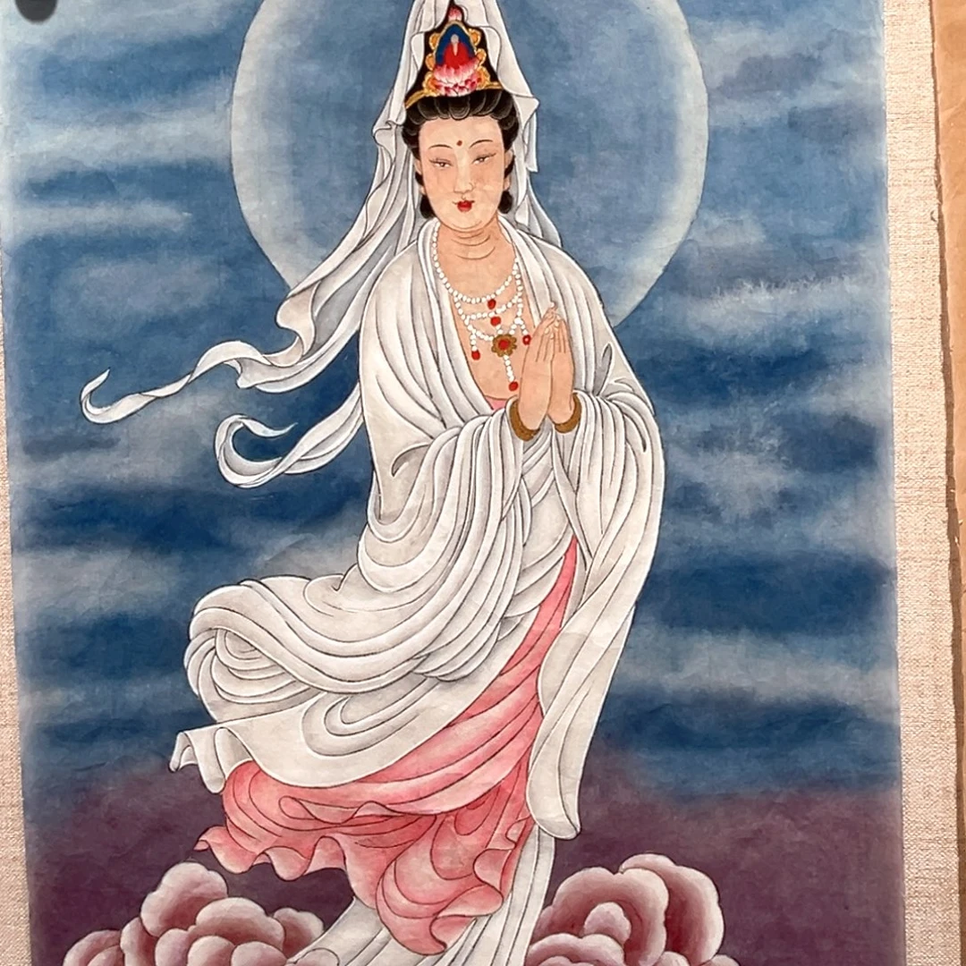 1***朵国画李老师蓝色观音站像带框