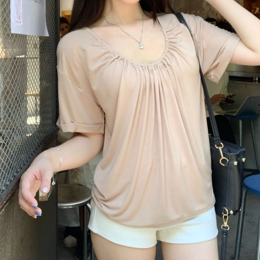 大码胖MM正肩U领T恤短袖女夏季新款高级感百搭韩系宽松显瘦上衣