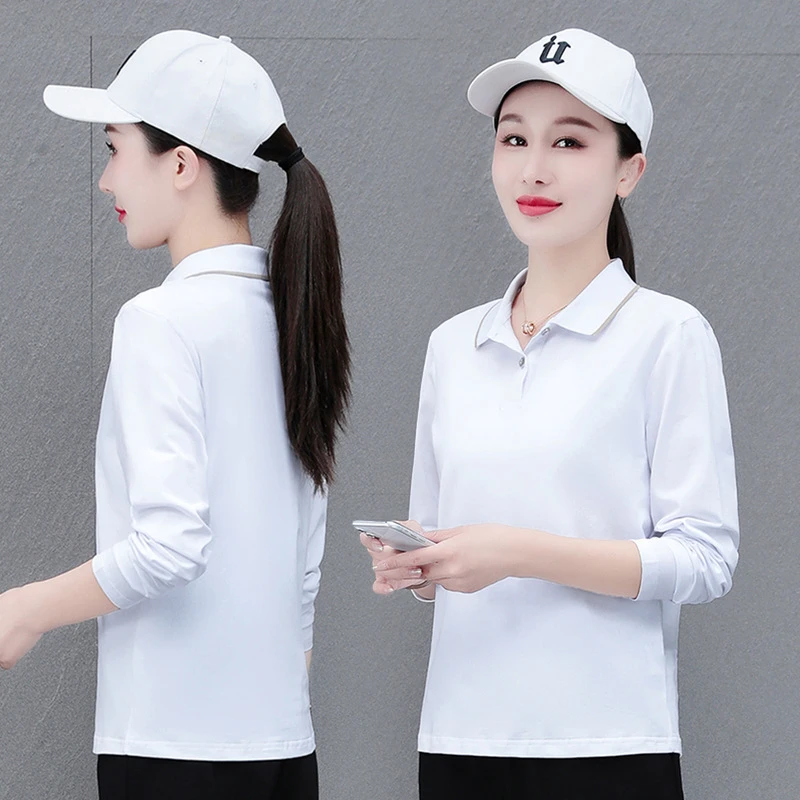 时尚休闲纯色弹力春秋POLO衫长袖简约上班T恤衫通勤女工作服纯棉