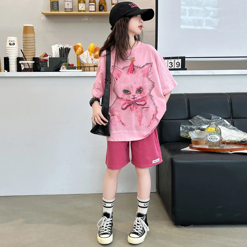 女童夏季套装2025新款洋气儿童短袖夏装韩版宽松女大童中裤潮