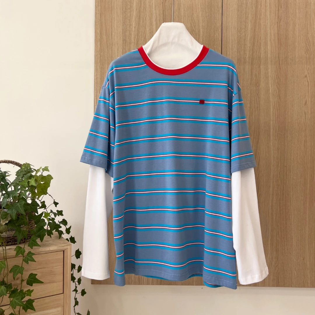 撞色条纹假两件T恤9425