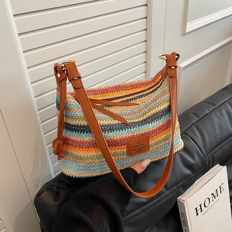 彩虹编织包包女2025夏季新款潮时尚简约休闲饺子包百搭单肩斜挎包