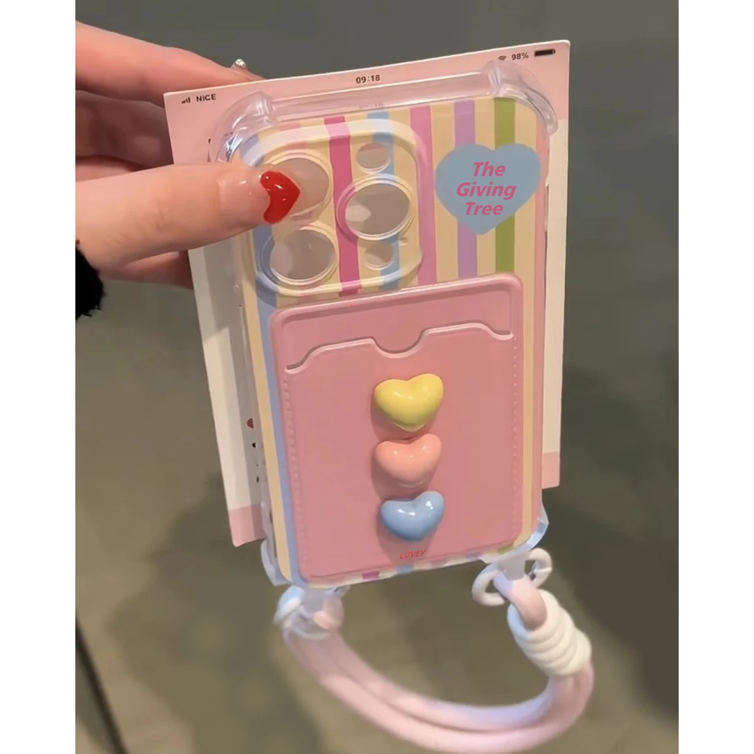 卡通立体爱心卡包挂绳适用iphone16/15手机壳12苹果13软14套11