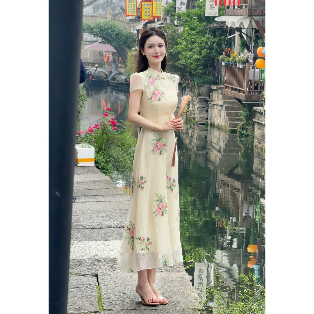 【牡丹亭】LiLi重工新中式国风刺绣旗袍气质夏季修身连衣裙XMZH7011