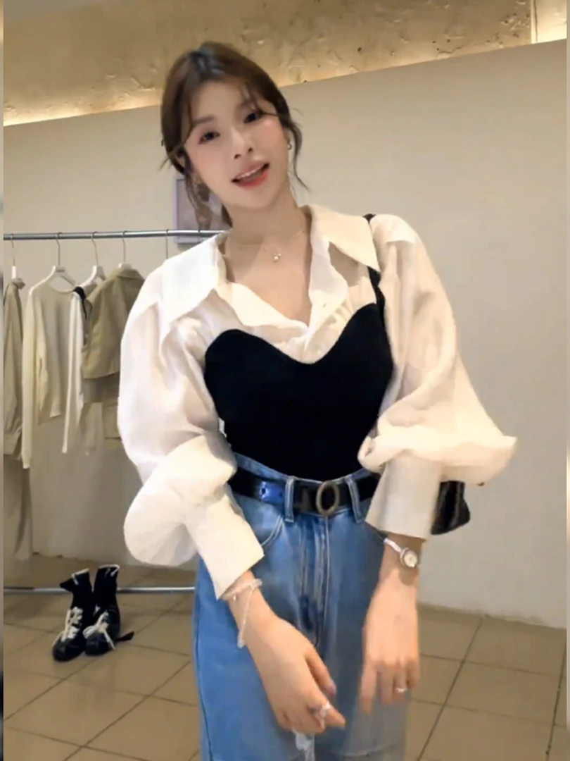 韩系气质假两件撞色翻领长袖衬衫2025秋季新款辣妹百搭短上衣女装