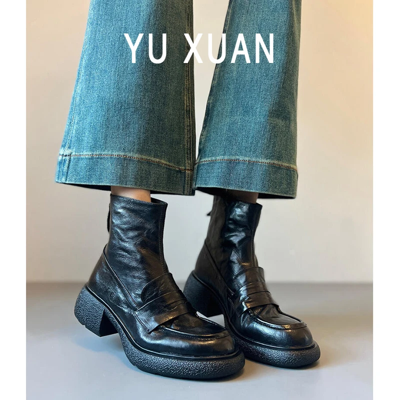 羊皮版~圆头厚底短靴女小个子增高休闲时尚短靴真皮通勤马丁靴子