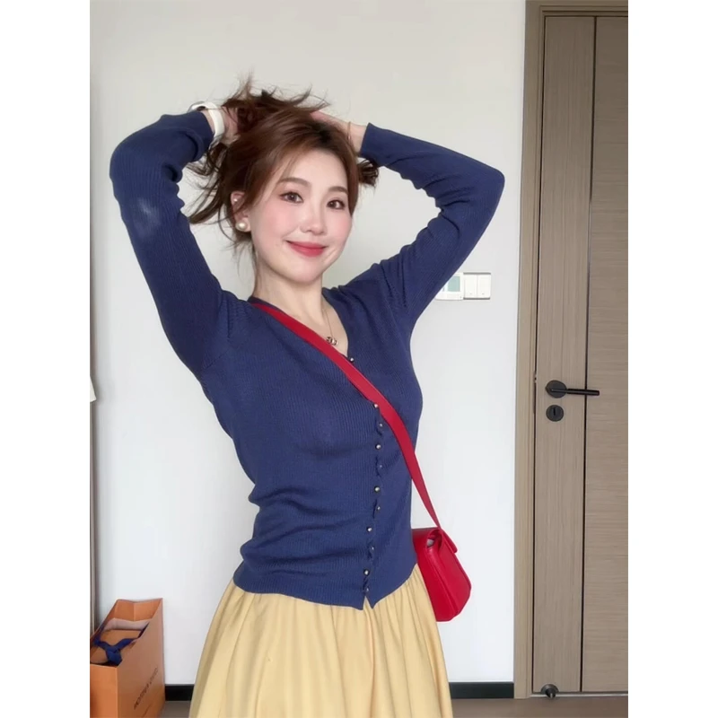 V领针织开衫收腰显瘦长袖内搭上衣黄色半身裙高腰显瘦小个A字长裙