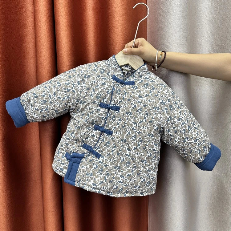 儿童纯棉花棉衣拼接撞色斜襟复古棉袄女宝宝中式碎花盘扣棉衣冬厚