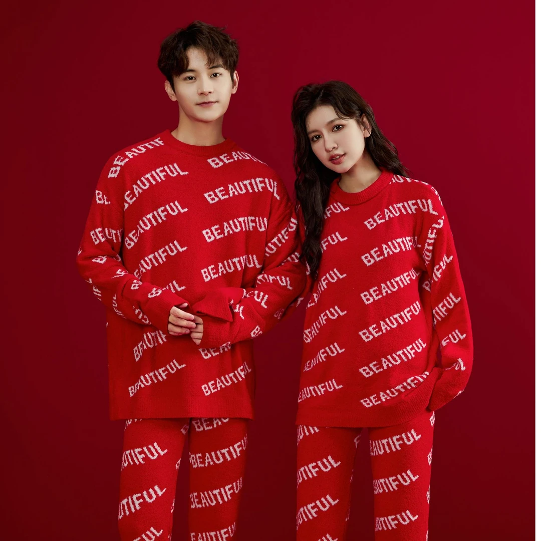 上海故事秋冬款念情法兰绒保暖长袖情侣款睡衣男女士休闲家居服