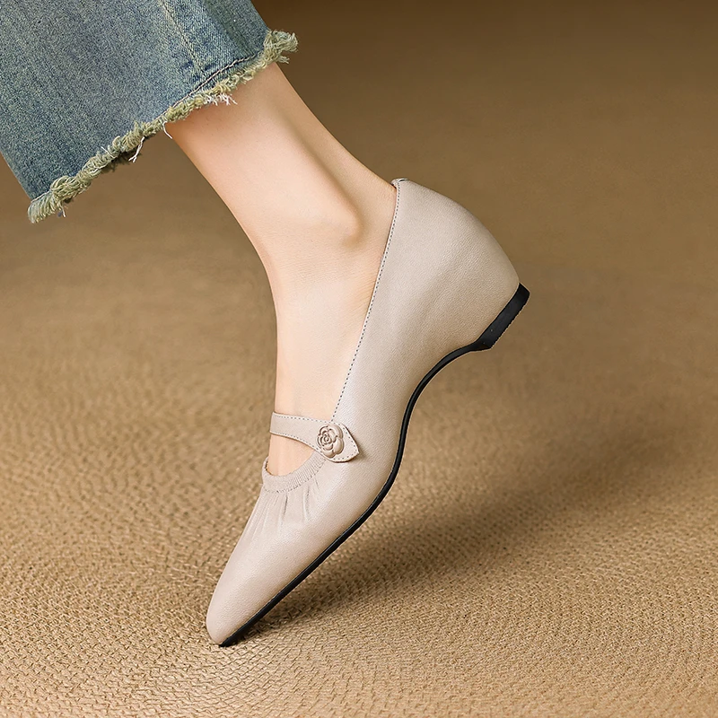 秋季新款尖头女士气质鞋子羊皮玛丽珍鞋软底内增高浅口真皮单鞋