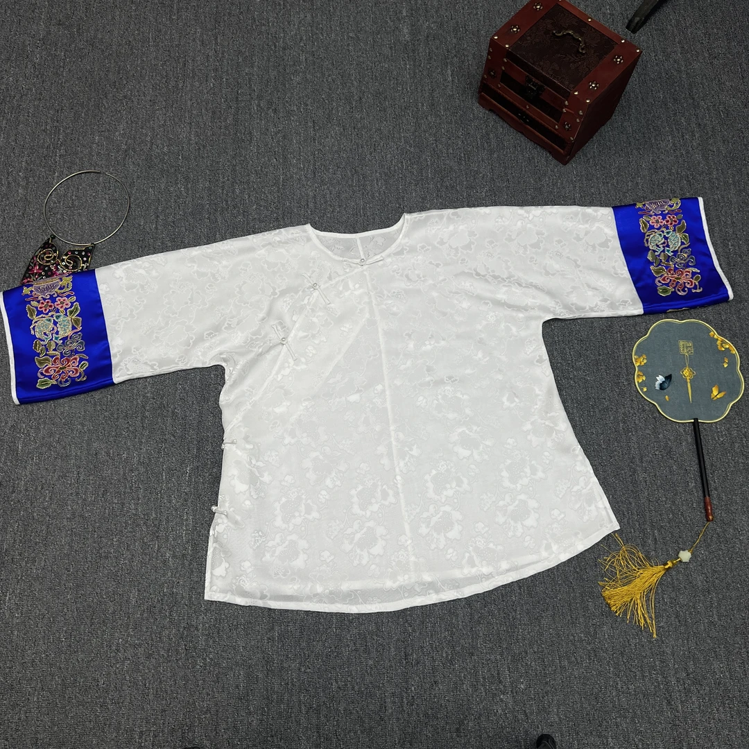【花罗手绣上衣】薄款桑蚕丝短袖圆领花纹上衣斜襟纯手工刺绣姐姐服