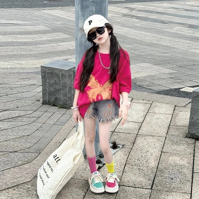 女童夏装短袖t恤套装2025新款儿童洋气夏季半袖衫女大童套头上衣