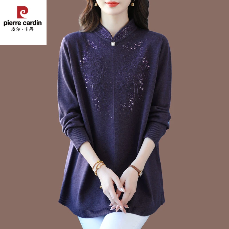 皮尔卡丹大码女装中长款新中式羊毛打底衫宽松显瘦加厚立领针织衫