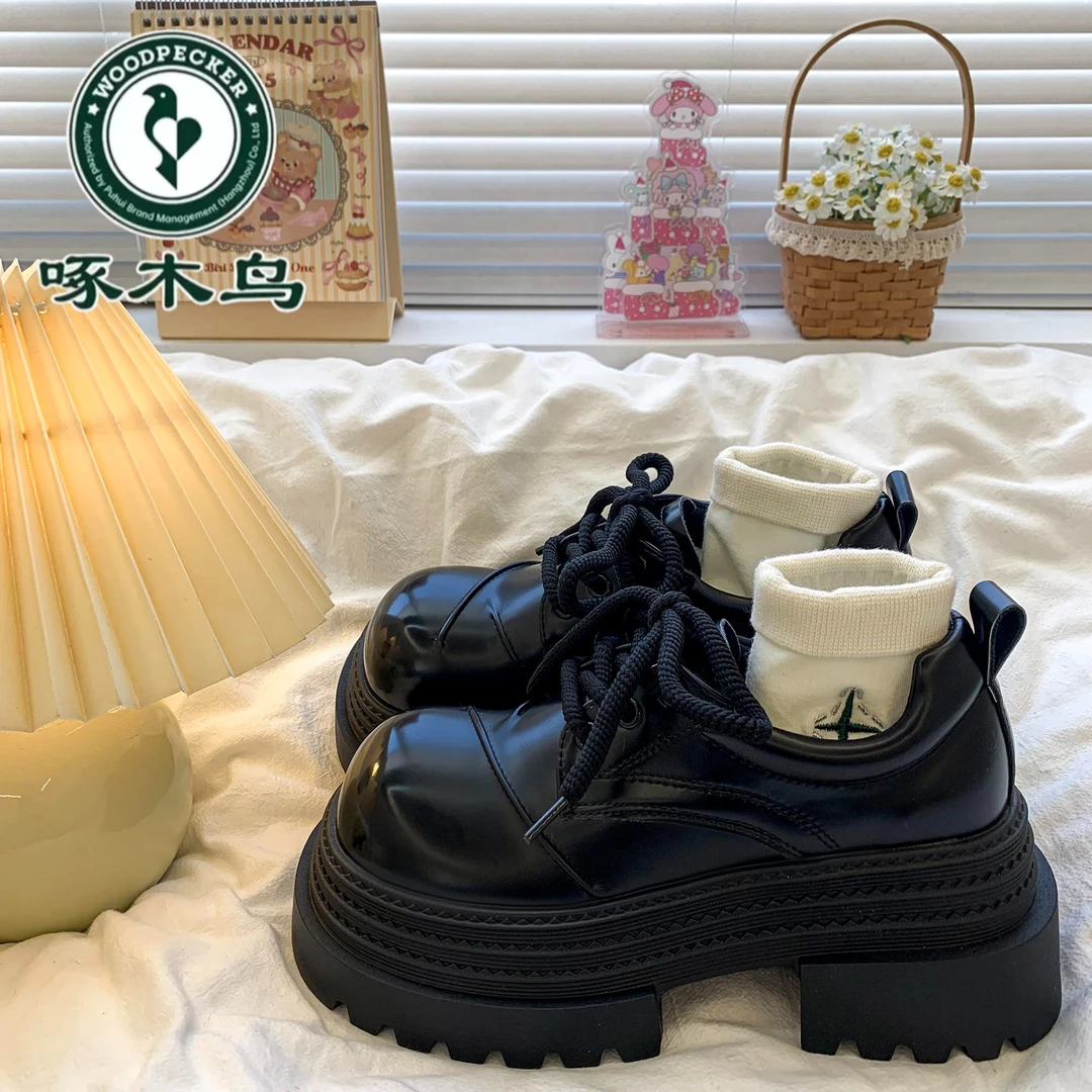 啄木鸟厚底增高真皮小皮鞋女2025春秋新款英伦春秋女款厚底乐福鞋