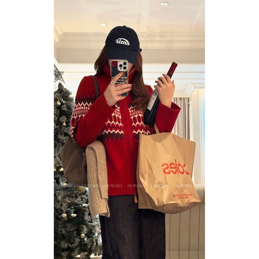 现货大婉酱微胖定制【圣诞费尔岛】小众红色立领拉链毛织毛衣 3002D