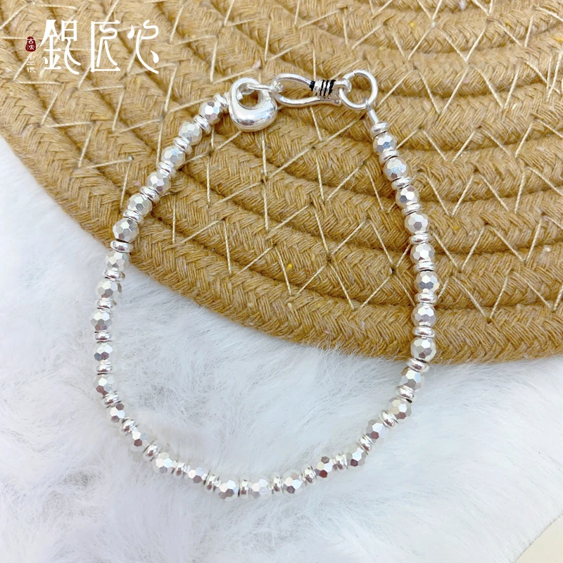 足银手链 【银匠心】足银999纯银爆闪蹦迪珠盘缠银秤砣手链时尚百搭