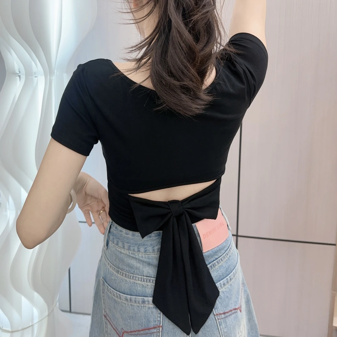 7279辣妹纯欲风短袖t恤短款夏季新款设计感u领显瘦不规则打底上衣