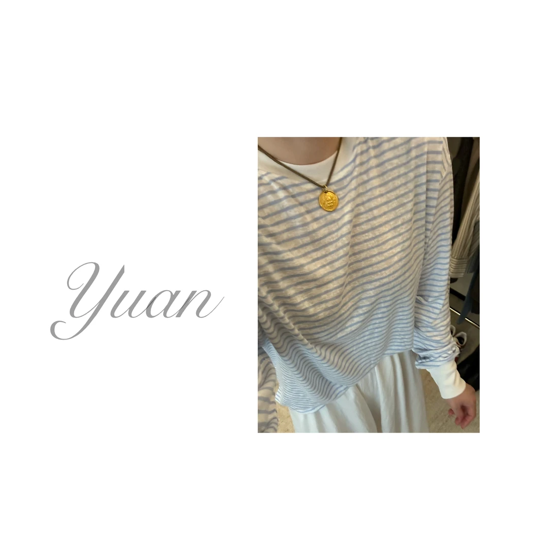 【媛媛家】圆领休闲条纹长袖防嗮T恤时尚显瘦百搭条纹