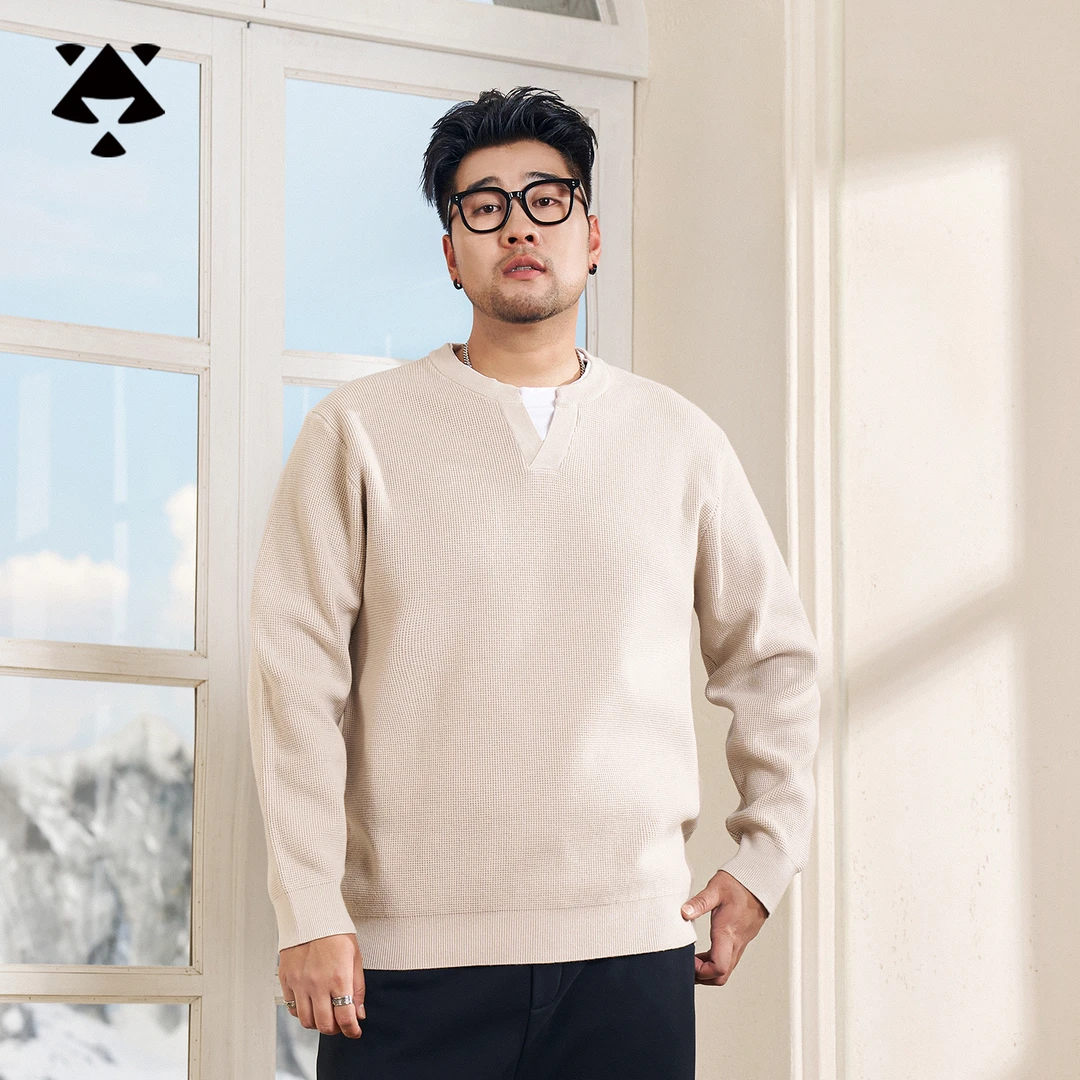 【假两件毛衣】森老板大码打底衫秋季胖子打底长袖宽松华夫格毛衣