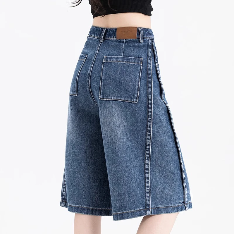 高腰牛仔短裤女2025新款夏季薄款外穿宽松阔腿五分裤复古直筒中裤