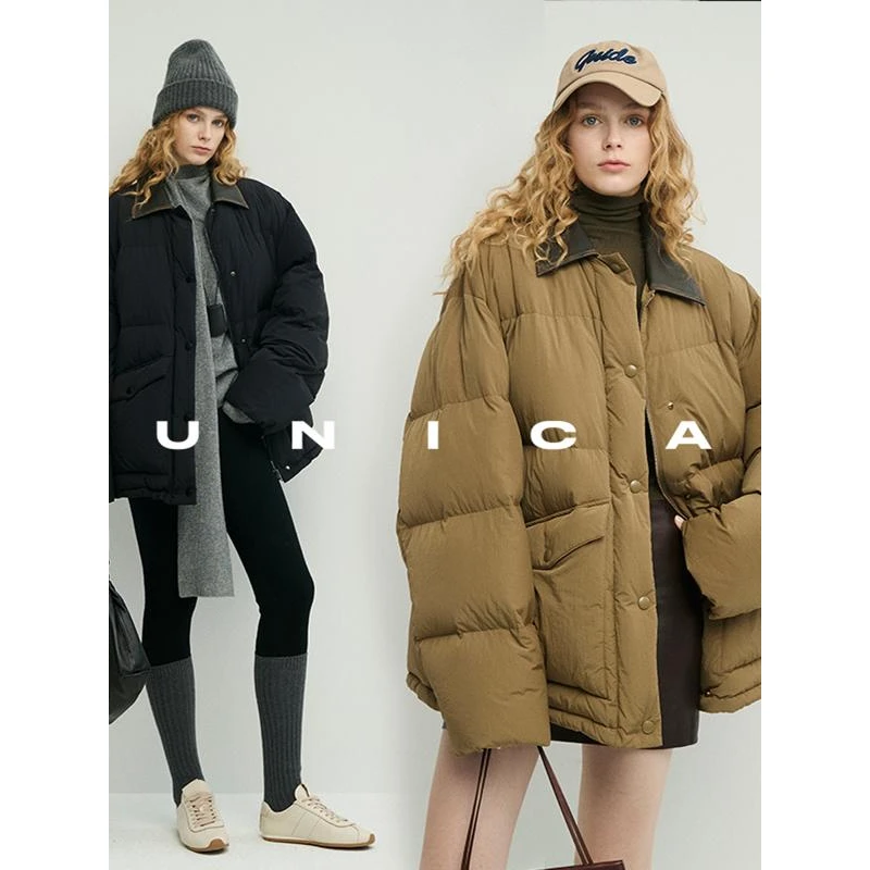 UNICAPRA牛皮擦色领边_日本进口皱感面料95白鹅绒羽绒服外套