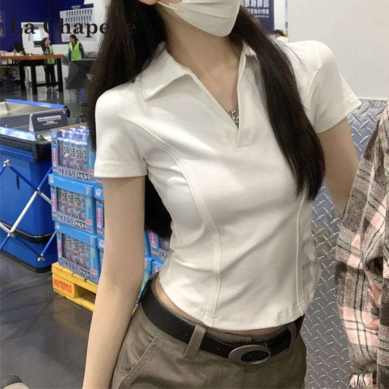 拉夏贝尔白色polo领短袖t恤女夏季2025新款设计感修身鱼骨短上衣