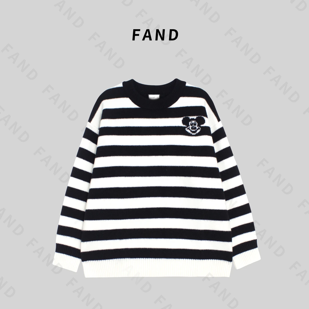 FAND妍妍【Disini】秋冬时尚加厚提花条纹宽松圆领套头毛衣针织衫