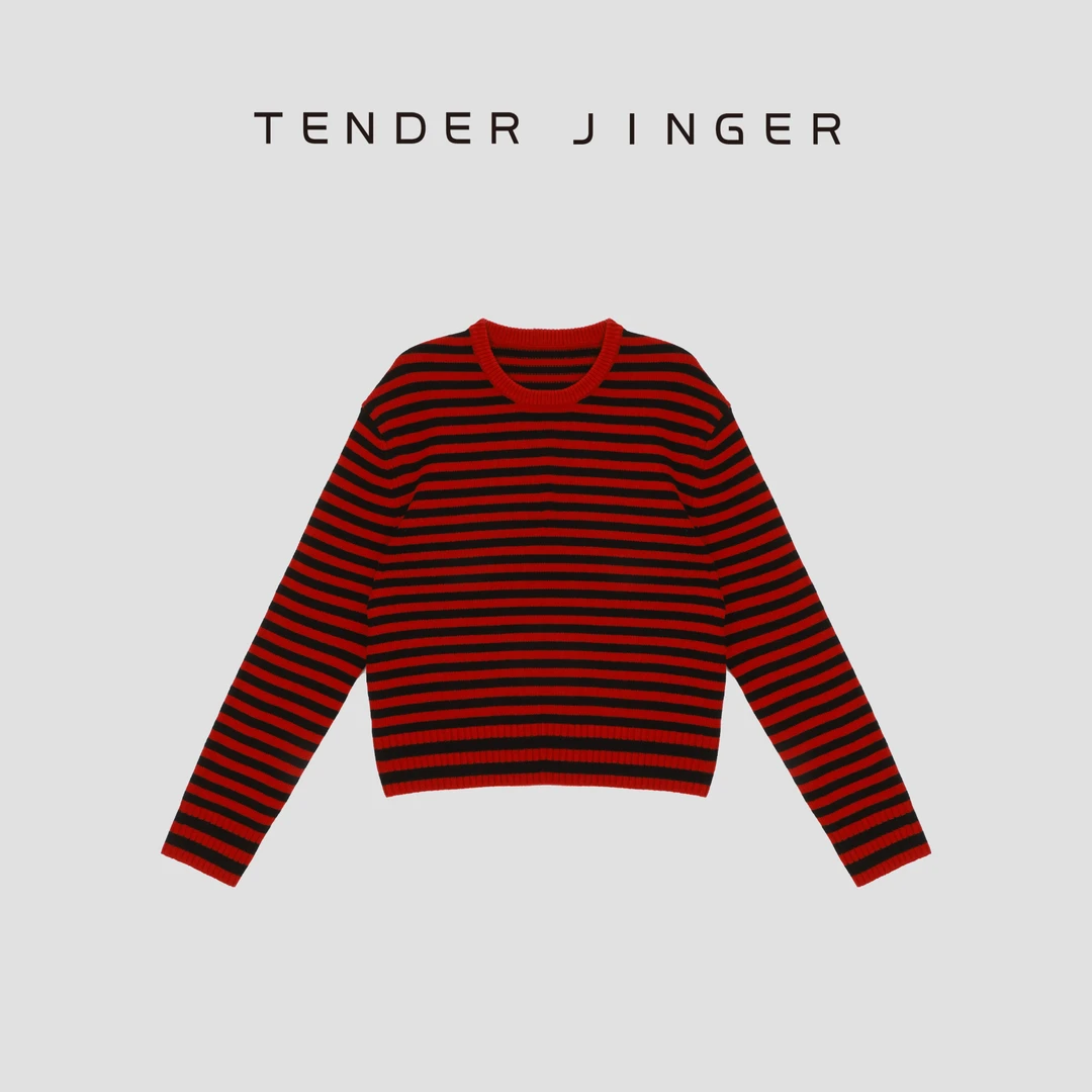 Tender Jinger圆领套头廓形条纹针织衫T53DDD41328