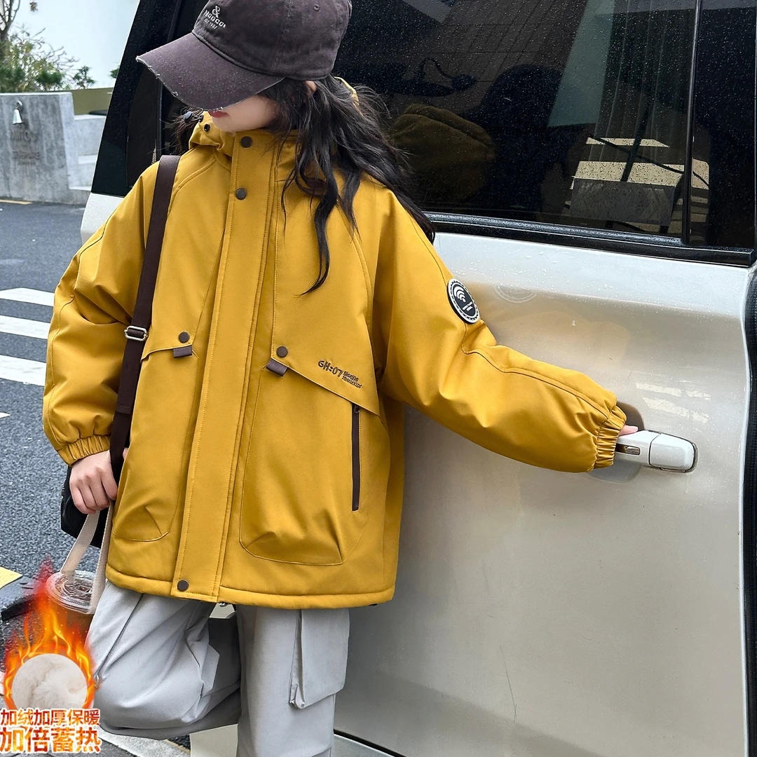 女童冬季加绒外套2025新款洋气时尚保暖防水连帽棉衣6-12岁中大童