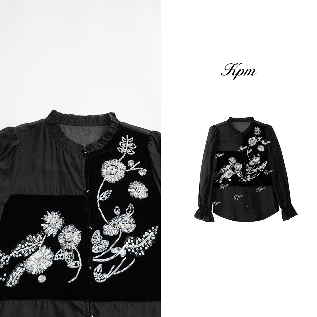 冬季新品设计感精致重工定钉珠刺绣花时尚百搭花领长袖衫女JN9115